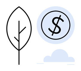 Minimal tree outline, dollar sign in circle, soft cloud. Ideal for sustainability, eco-economy, green growth, renewable energy, financial environment, ecology-focused design simple flat metaphor