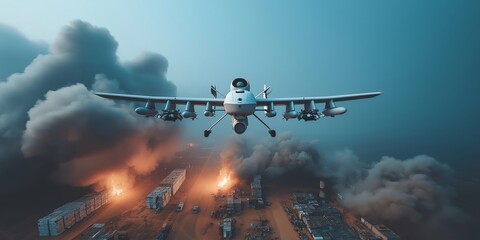Naklejka premium bomb kamikaze drone concept. Aerial view of military aircraft over a smoky landscape.