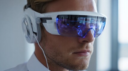 Man wearing augmented reality glasses with data overlay, future technology
