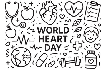 Black and white vector doodle background for World Heart Day, featuring hearts, heartbeat lines, stethoscopes, and healthy icons outlined in bold black ink strokes.

