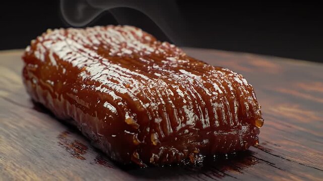 Close Up of Delicious Caramelized Biko Glutinous Rice Cake on Dark Wooden Board With Dark Background Showcasing its Rich Texture Warm Lighting Inviting Aroma For Filipino Cuisine Bakery and Pastry