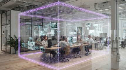 Data visualization with business team in office meeting room, technology