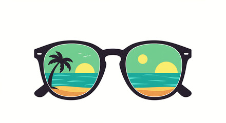 Flat Design Sunglasses Reflecting Tropical Beach and Sunset - Summer Vacation Concept