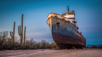 An abandoned shipwreck rests on a dry riverbed surrounded by towering cacti under a warm gradient sky,