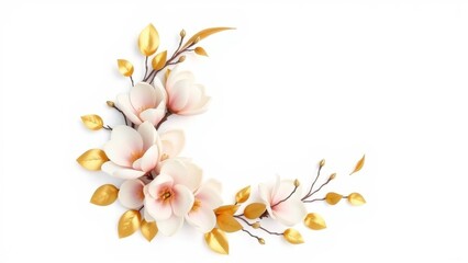 Fototapeta premium Crescent moon floral arrangement of magnolias with gold leaves on white. Elegant, minimal, realistic, suitable for wedding designs.