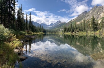 Calm mountain lake reflecting sky, trees, and peaks; idyllic summer landscape, nature travel postcard