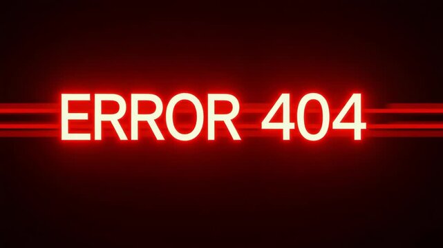 Red neon error 404 message on dark background.  Digital error 404 message glows brightly in dark space. Concept error 404 message for website design, app development, or digital art.