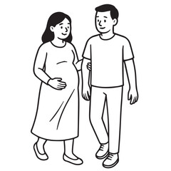 Black and white vector of a pregnant woman walking beside her husband, holding hands, smiling together, illustrated with strong black outlines in a warm family doodle style.