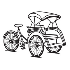 Traditional rickshaw vector design in black and white, with detailed frame, spokes, and cushion seat, sketched neatly using thick black outlines for heritage transport art.
