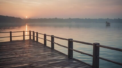 Obraz premium Sunset Reflection Over Serene Lake with Wooden Pier