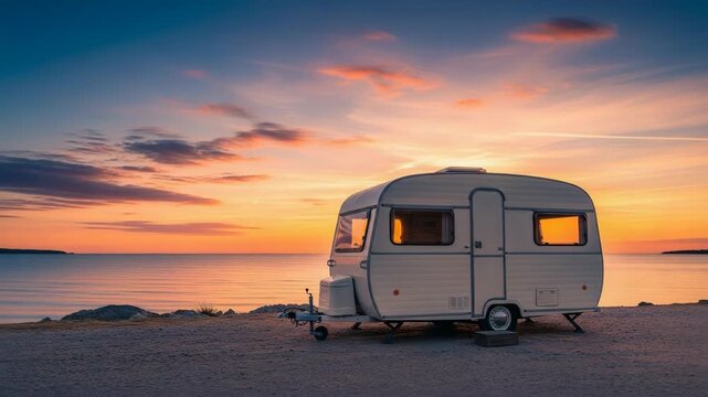 Off grid camping trailer parked by tranquil ocean at sunset. Enjoying peaceful evening at campsite near sea.  Relaxing off grid camping experience. Romantic off grid camping vacation.