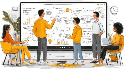 Digital learning board displays collaborative diagram building among users, AI suggestions hover beside notes as avatars point and update shared canvas