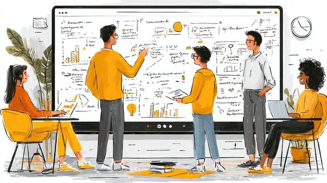 Digital learning board displays collaborative diagram building among users, AI suggestions hover beside notes as avatars point and update shared canvas