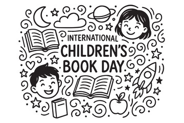Black and white vector doodle background for International Children’s Book Day, featuring open books, smiling kids, stars, pencils, and magical stories outlined with bold black lines.

