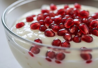 Glass bowl of yogurt topped with fresh pomegranate seeds, bright sunlight background, healthy snack