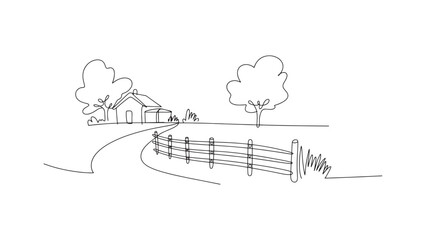 Serene Countryside Continuous Line Art Drawing of Farmhouse, Trees, and Fence on Rolling Hills