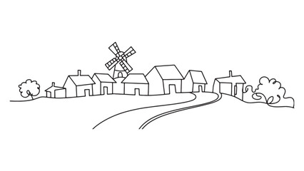 Quaint Village Continuous Line Art Drawing of Houses, Windmill, and Winding Road on Hill