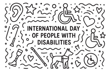 Black and white vector doodle background for International Day of Persons with Disabilities, featuring wheelchairs, support hands, hearts, and inclusive icons outlined in bold black lines.