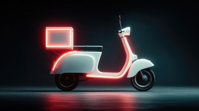 Delivery scooter updating user on arrival in real time, glowing route shrinks to doorstep, local products promoted based on ultra-short range logistic AI logic