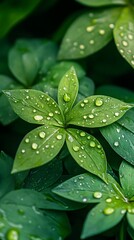 Lush green leaves with water droplets, creating a fresh and vibrant atmosphere.