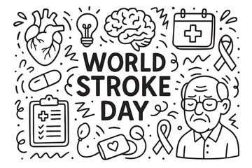 Vector doodle background in black and white for World Stroke Day, including brains, EKG lines, care hands, and healthcare elements outlined with strong black ink outlines.

