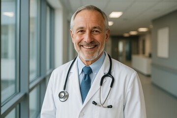 Confident Male Physician in White Coat Standing in Modern Hospital Corridor with Professional Medical Presence