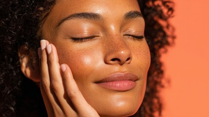 Hand Gently Touching Cheek, Reflecting Beauty and Serenity Against an Abstract Backdrop With Warm Tones and Soft Lighting