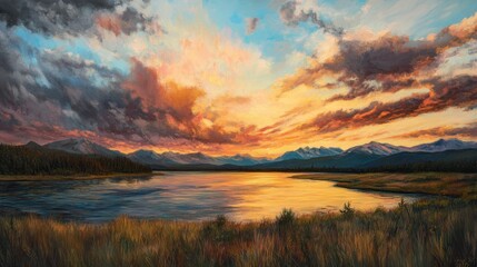 Fototapeta premium Serene mountain lake sunset panorama