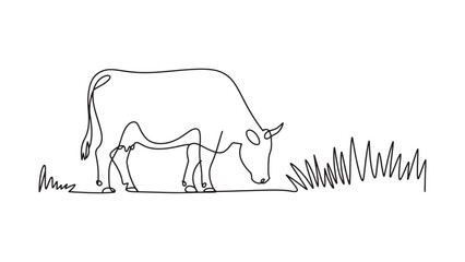 Continuous Line Drawing of Cow Grazing in Field for Farm Animal and Agriculture Design
