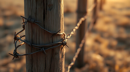 Barbed wire wrapped around weathered wooden post in golden hour light
