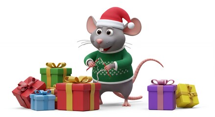 Naklejka premium Cartoon mouse with christmas presents