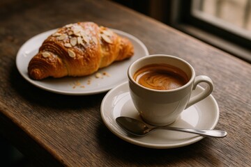 Artisanal espresso cup with fresh almond croissant on rustic wooden cafe table setting
