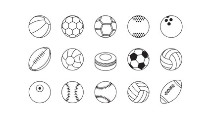 Fototapeta premium Outline Sports Balls Collection Vector Illustration with Soccer, Baseball, and Football Icons