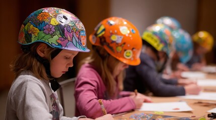 Children Wearing Decorated Hard Hats Drawing at Table, Creative Activity