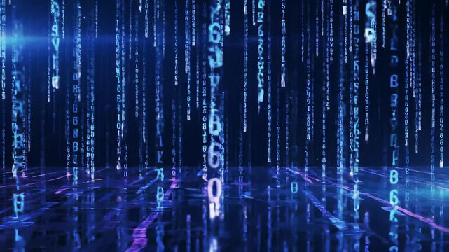 Vibrant Digital Rain with Blue and Purple Hues Creating a Captivating Code Matrix Visual for Technology and Innovation Concepts