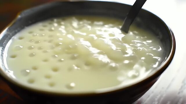 Creamy Tapioca Pudding in a Dark Bowl on Wooden Table Delicious Dessert Featuring Translucent Tapioca Pearls High Angle View Perfect for Bakery Advertisements and Symbolizing Comfort Food and