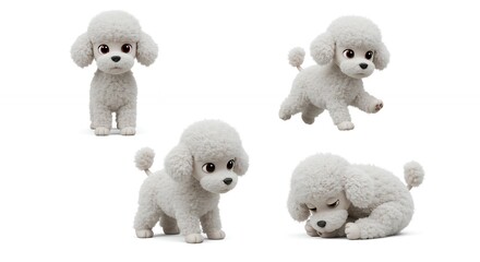 Four images of fluffy light gray poodle toy in different poses