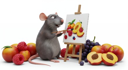Funny rat painting fruit still life