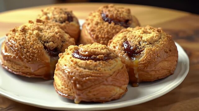 Delectable Golden Brown Paczki Pastries Sprinkled with Crumble and Jam Filling on a Wooden Table Top Perfect for Bakery Promotions and Culinary Contents Showcasing Delicious Polish Doughnuts