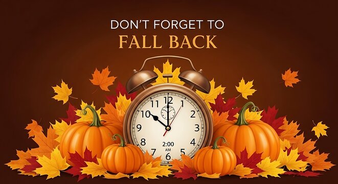 Autumnal illustration with an alarm clock, pumpkins, and falling maple leaves, reminding to fall back for daylight saving time