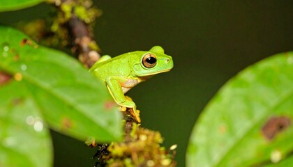 Obraz premium Serene green tree frog perched on a verdant mossy branch in a tropical jungle setting