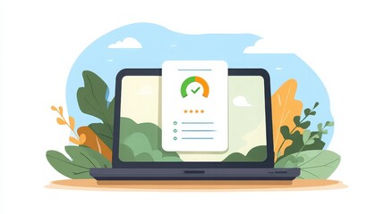Online checklist with laptop and nature background for digital work