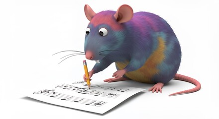 Multicolored cartoon rat writing music notes