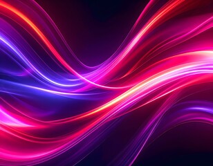 Fototapeta premium Vibrant energy flow concept with luminous pink and blue neon lines moving in a dynamic wave pattern on a dark background.
