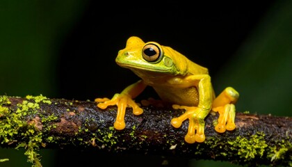 Obraz premium A vibrant yellow tree frog perches on a moss-covered branch in its jungle habitat.