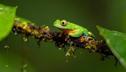Fototapeta premium A vibrant green tree frog with golden eyes sits on a wet, mossy branch in a lush rainforest