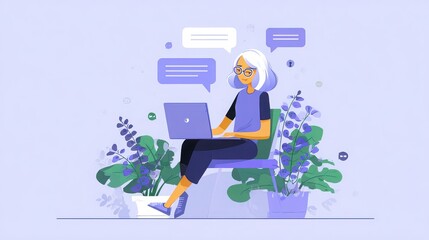 Woman Using Laptop with Speech Bubbles and Plants in a Light Room