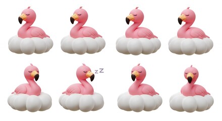 Pink flamingo figurines on clouds decorative set