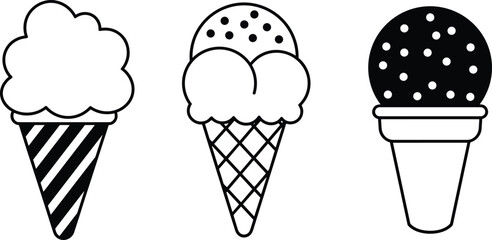 Minimalist Ice Cream Cone Icon Set – Black and White Outline Illustrations for Summer Design, Kids, Dessert Branding, and UI Elements
