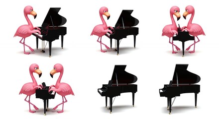 Pink flamingos playing piano